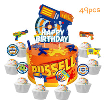 Load image into Gallery viewer, TICIAGA Dart War 49pcs Birthday Cake Toppers, Dart War Cupcake Topper Cake Picks for Boys, Dart Gun Happy Birthday Cake Topper Sign Banner, Blaster Battle Theme Cake Decoration Party Supplies for Kids
