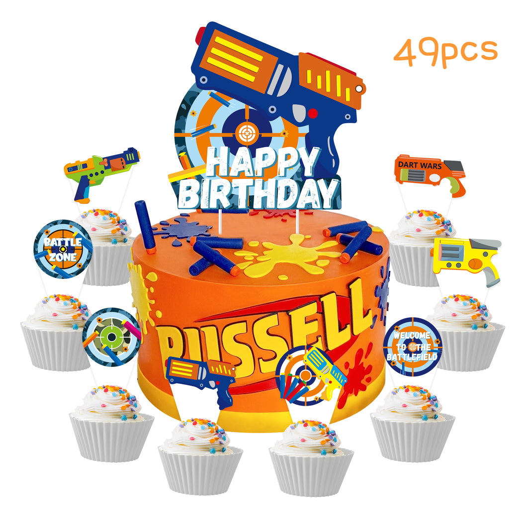 TICIAGA Dart War 49pcs Birthday Cake Toppers, Dart War Cupcake Topper Cake Picks for Boys, Dart Gun Happy Birthday Cake Topper Sign Banner, Blaster Battle Theme Cake Decoration Party Supplies for Kids